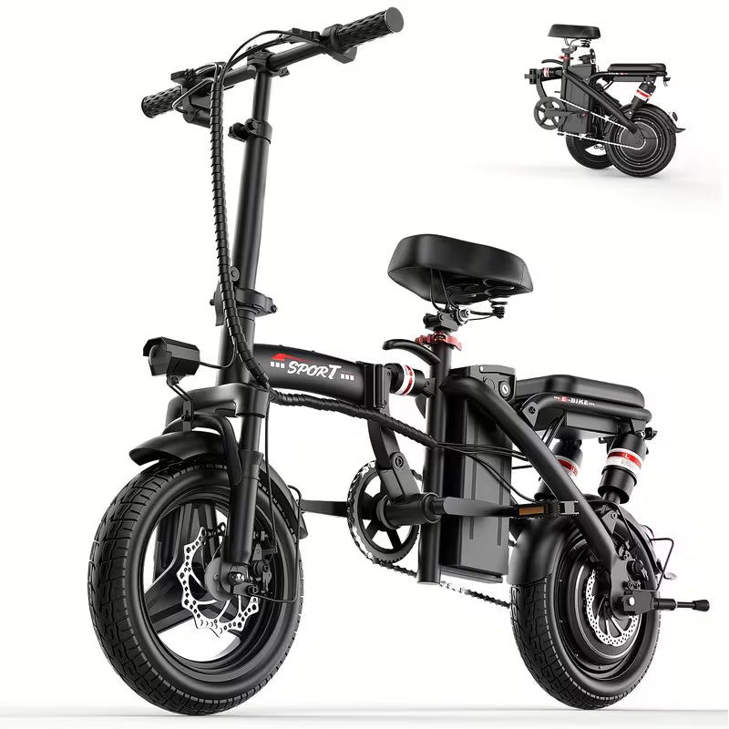 Foldable Dual Suspension Electric Bike, 500W Motor, 14 Tire Folding Mini Ebikes for Adults, 25 Miles Per Hour Range