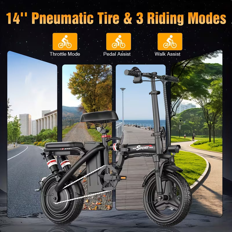 Foldable Dual Suspension Electric Bike, 500W Motor, 14 Tire Folding Mini Ebikes for Adults, 25 Miles Per Hour Range