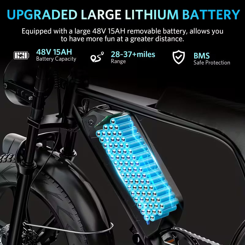 Electric Bike - Heavy-Duty All-Terrain 20" Tire Electric Mountain Bike with 740W Motor, 48V 15Ah Removable Battery, 7-Speed Gear System, Front/Rear Disc Brakes, Global Voltage 100-240V