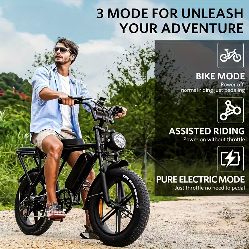 Electric Bike - Heavy-Duty All-Terrain 20" Tire Electric Mountain Bike with 740W Motor, 48V 15Ah Removable Battery, 7-Speed Gear System, Front/Rear Disc Brakes, Global Voltage 100-240V